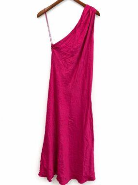BHLDN Pink Satin One Shoulder Draped Backless Nicoletta Midi Dress Size Medium